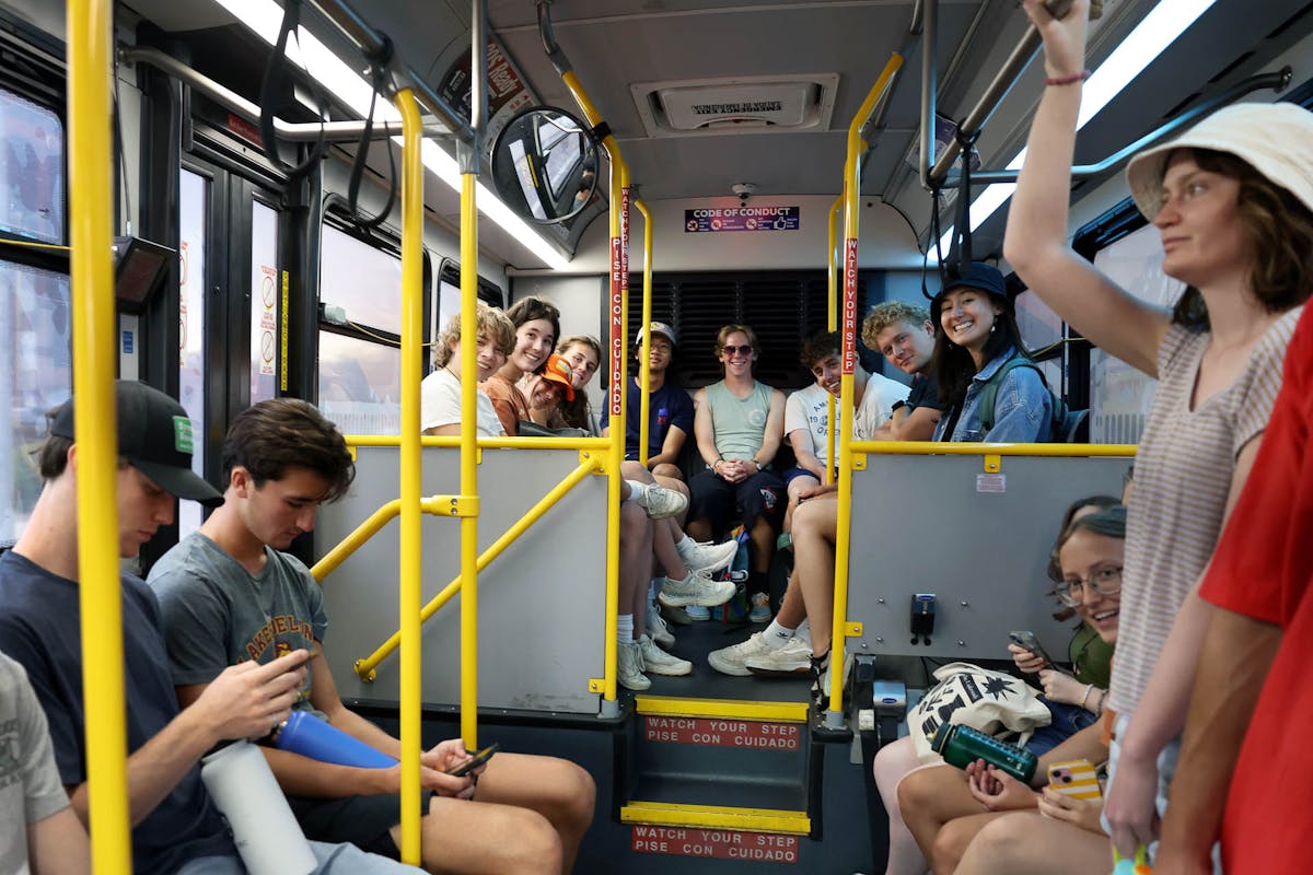 Incoming students ride the Zeb, the downtown Colorado Springs bus, that is free for students. Photo by Jamie Cotten / Colorado College